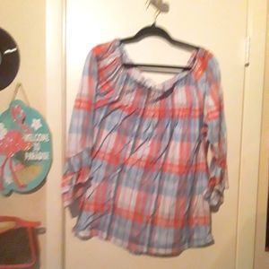 Pink and blue plaid 3/4 length sleeve blouse